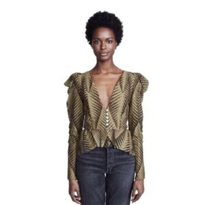 Ronny Kobo Dabria Top Olive Green Lace Small Structured Shoulders Long Sleeve